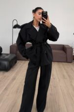 Ara Yakalı Trençkot Siyah