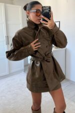 Deri Etek Ceket Takım Olive - Görsel 2