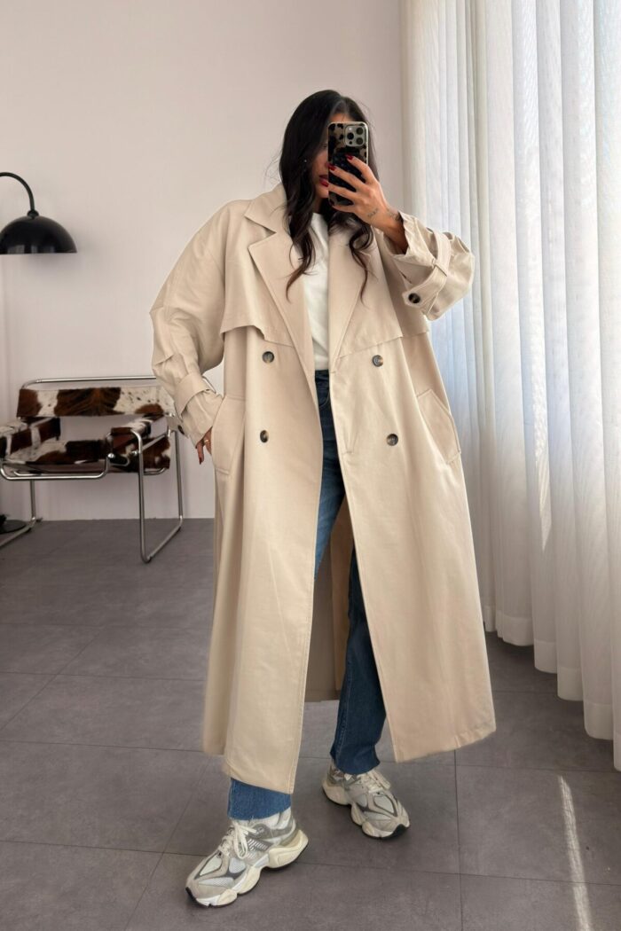 Lowell Oversize Premium Trençkot Taş - Görsel 2