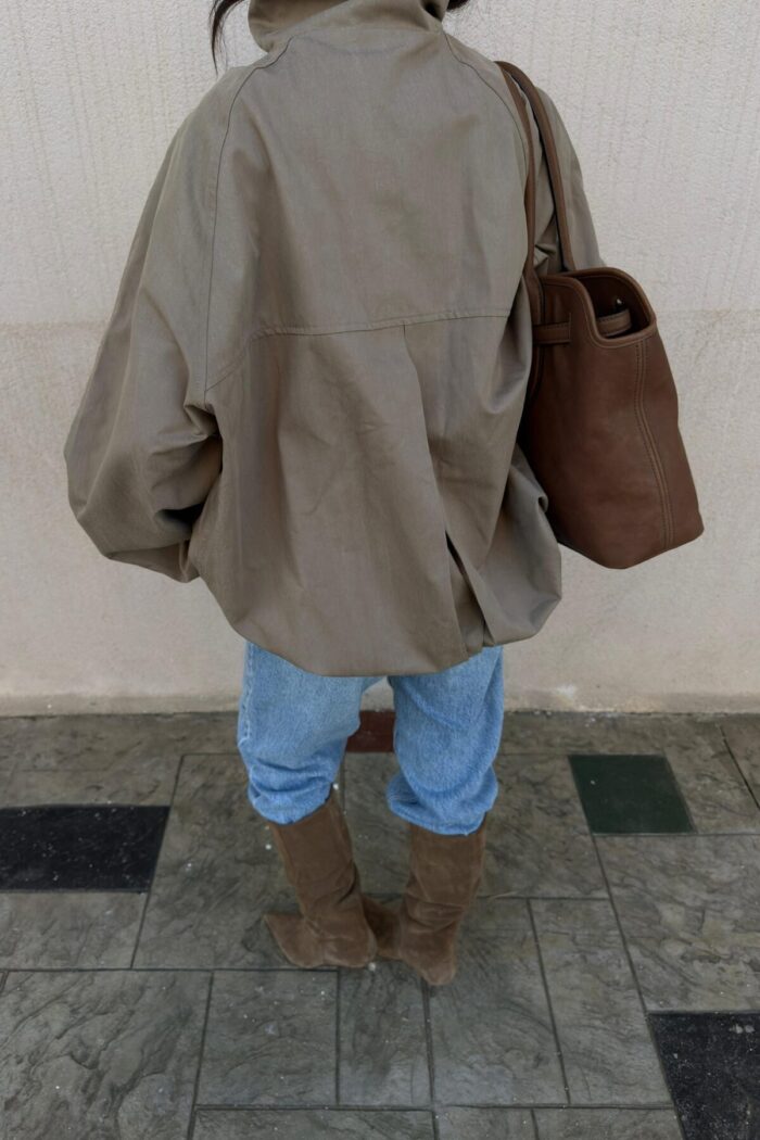 Oversize Dik Yaka Bomber Trenç Vizon - Görsel 4