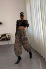 Leopar Desen Pileli Şalvar Pantolon