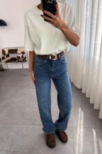 Perla Kemerli Lacivert Wide Leg Jean - Görsel 2