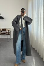 Kuşaklı Oversize hırka Füme - Görsel 2