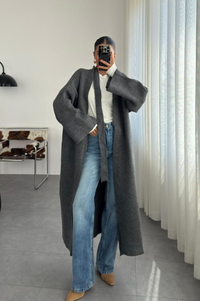 Kuşaklı Oversize hırka Füme - Görsel 2