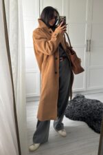 Düğmeli Kalın Kaşe Kaban Camel - Görsel 3