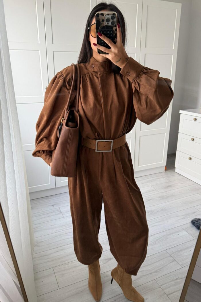 Balon Kol Şalvar Süet Takım Camel - Görsel 2
