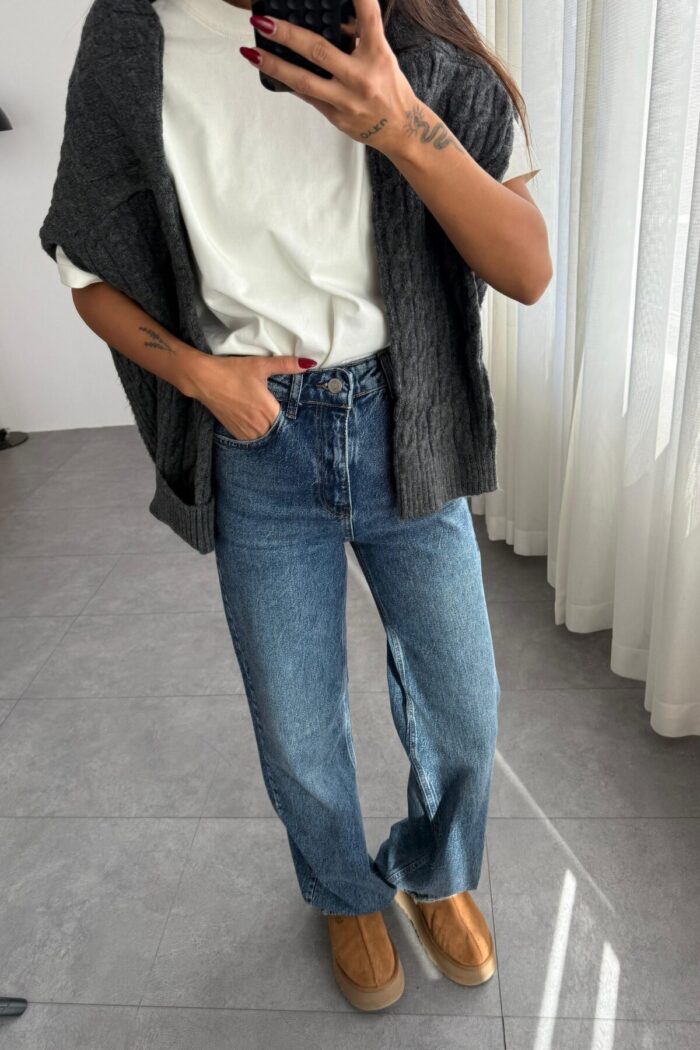 Lole Lacivert Eskitme Wide Leg Jean - Görsel 2