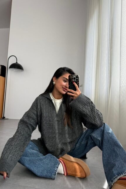 Nadia Saç Örgülü Kazak Antrasit