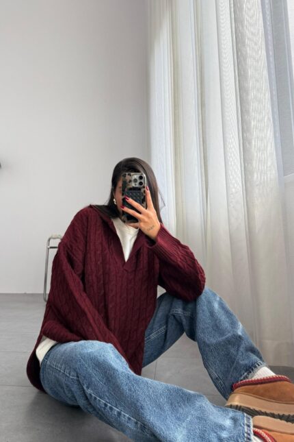 Nadia Saç Örgülü Kazak Bordo