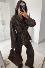 Fuly Koyu Leopar Desenli Gömlek Pantolon Takım - Görsel 2