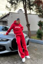 Çizgili Oversize Sweat Eşofman Takım Kırmızı