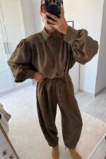 Balon Kol Şalvar Süet Takım Haki - Görsel 2