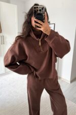 Dik Yaka Fermuarlı Triko Takım Kahverengi - Görsel 2