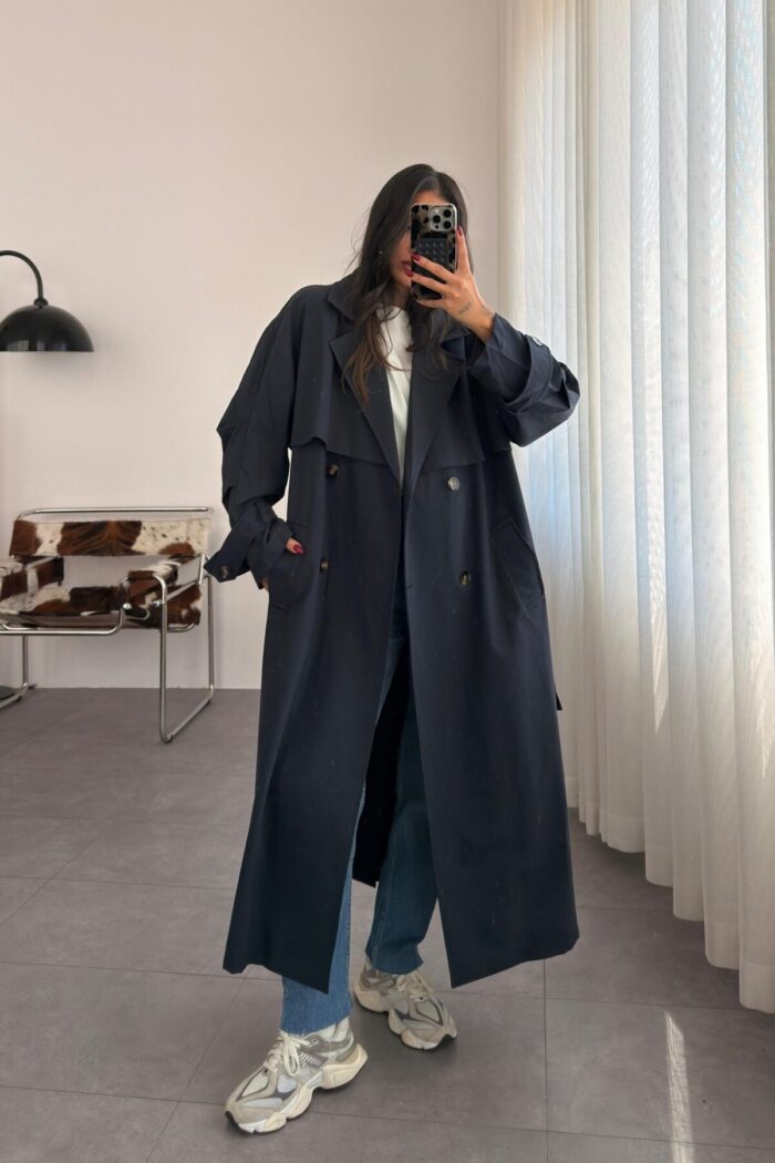 Lowell Oversize Premium Trençkot Lacivert - Görsel 2
