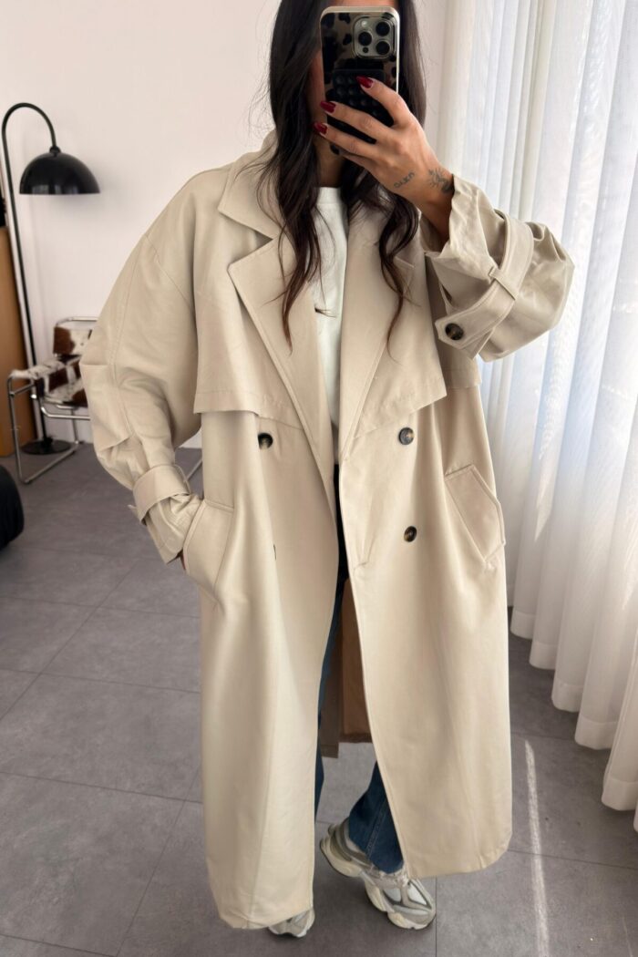 Lowell Oversize Premium Trençkot Taş - Görsel 3