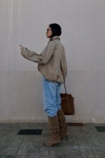 Oversize Dik Yaka Bomber Trenç Vizon - Görsel 2