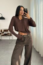 Polo Yaka İnce Bluz Kahverengi