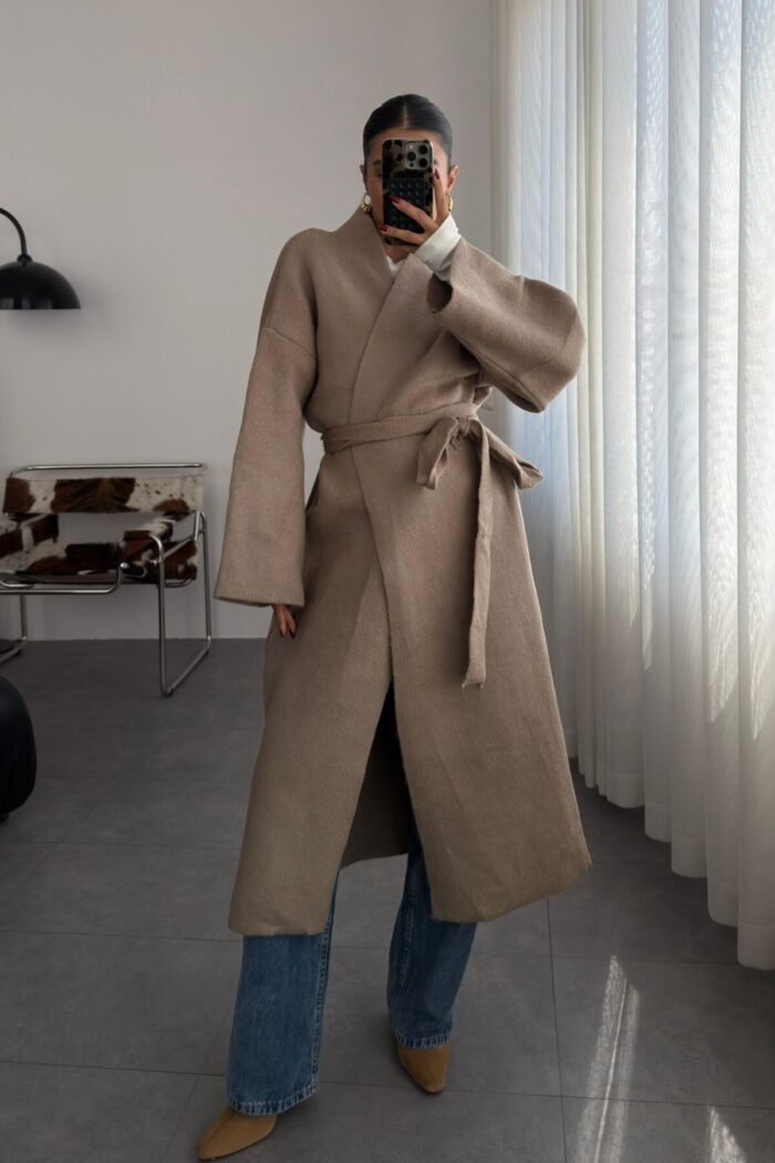 Kuşaklı Oversize hırka Vizon - Görsel 1
