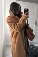 Düğmeli Kalın Kaşe Kaban Camel - Görsel 4