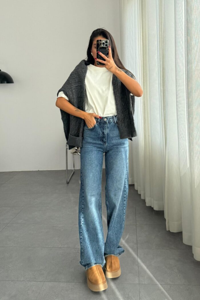 Lole Lacivert Eskitme Wide Leg Jean - Görsel 1