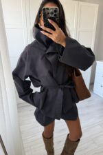 Pileli Şortlu Dik Yaka Trenç Takım Lacivert - Görsel 2