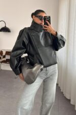 Trend Dik Yakalı Deri Bomber Ceket - Görsel 2