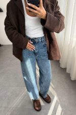 Monama Renkli Taşlı Mom Jean - Görsel 2