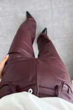 Deri Palazzo Pantolon Bordo - Görsel 3