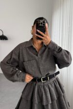 Oversize Tek Cepli Ekose Gömlek Gri