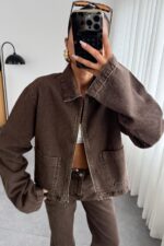 Fermuarlı Denim Kahve Eskitme Ceket - Görsel 2