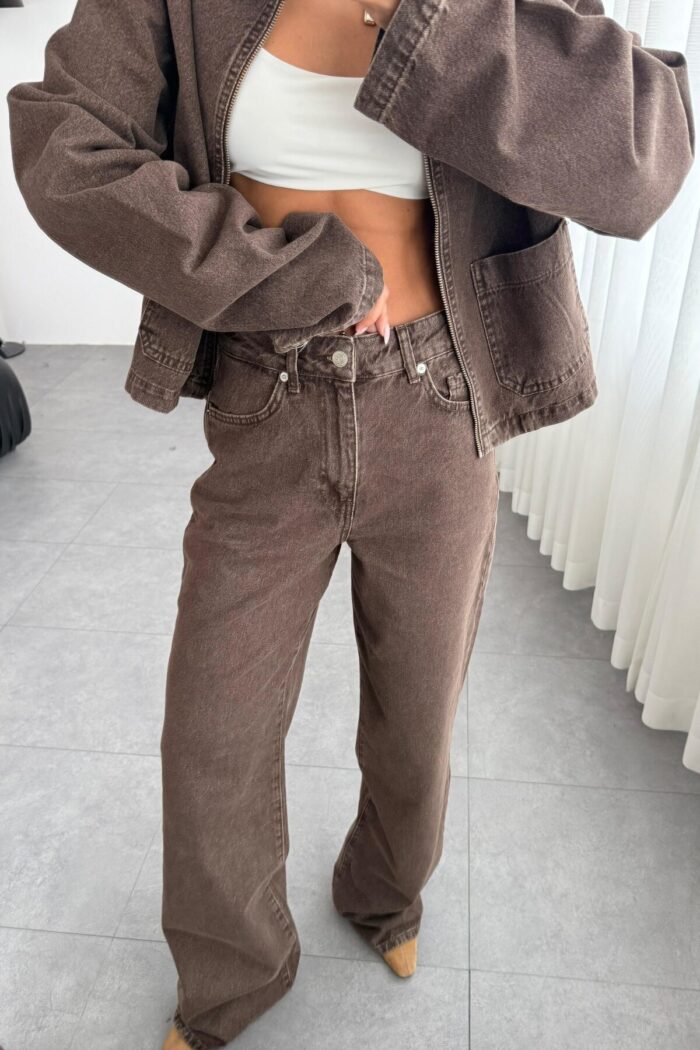 Carla Wide Leg Kahve Eskitme Jean - Görsel 2
