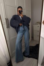 Kesik Paçalı Renkli Taşlı Wide Leg Jean