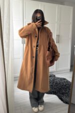 Düğmeli Kalın Kaşe Kaban Camel - Görsel 2