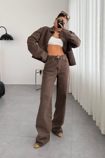 Carla Wide Leg Kahve Eskitme Jean