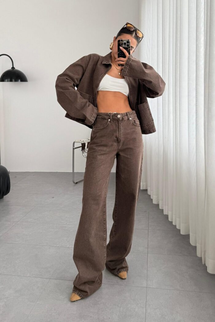 Carla Wide Leg Kahve Eskitme Jean - Görsel 1