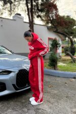 Çizgili Oversize Sweat Eşofman Takım Kırmızı - Görsel 2