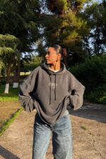 Arkası Baskılı Oversize Yıkamalı Sweat Antrasit