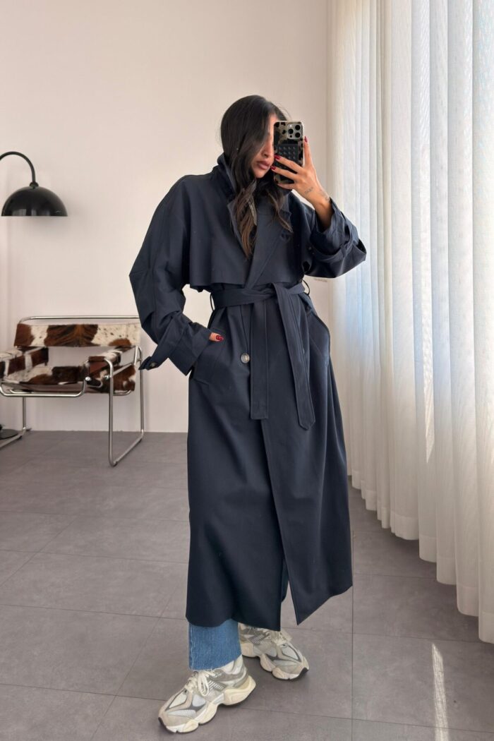 Lowell Oversize Premium Trençkot Lacivert - Görsel 1