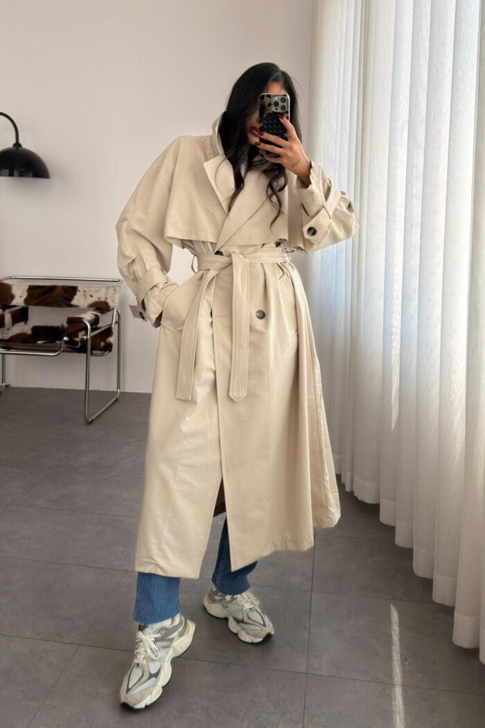 Lowell Oversize Premium Trençkot Taş - Görsel 1