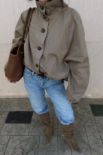 Oversize Dik Yaka Bomber Trenç Vizon - Görsel 3