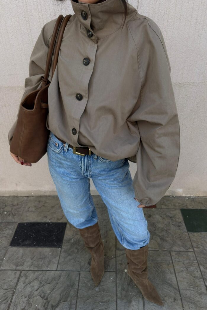 Oversize Dik Yaka Bomber Trenç Vizon - Görsel 3