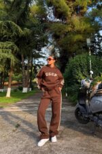 Çizgili Oversize Sweat Eşofman Takım Kahverengi