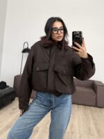 Omuzu Detaylı Yakası Kürklü Deri Bomber Ceket Acı Kahve - Görsel 2