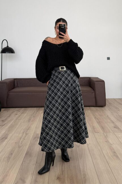 Ekose Detaylı Uzun Etek Siyah