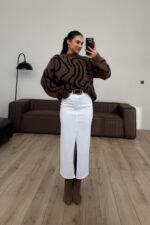 Önü Yırtmaçlı Beyaz Kot Etek