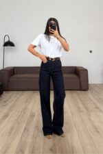 Kemerli Wide Leg Koyu Lacivert Jean