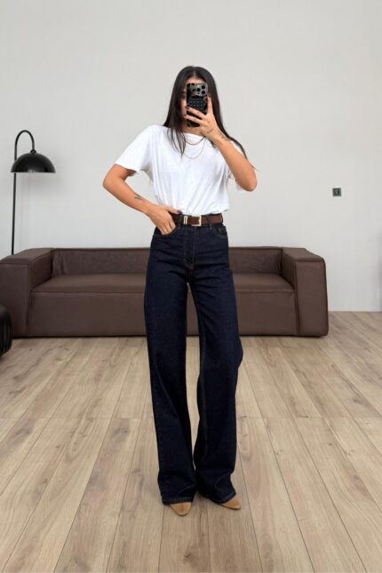 Kemerli Wide Leg Koyu Lacivert Jean