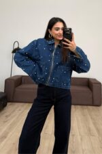İnci Taşlı Fermuarlı Denim Ceket