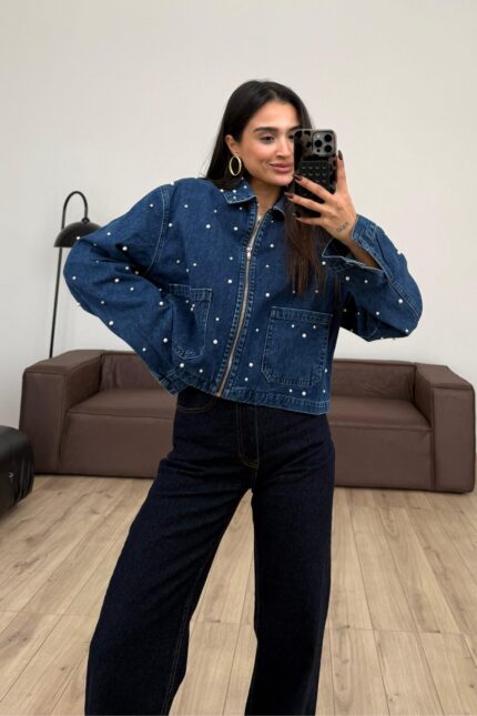 İnci Taşlı Fermuarlı Denim Ceket