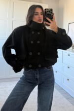 Tasarım Düğmeli Bomber Ceket Siyah